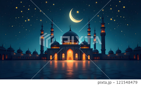 Ramadan Kareem Greeting with Mosque in Moonlit Night Ramadan Kareem Greeting with Mosque in Moonlit Night 121548479