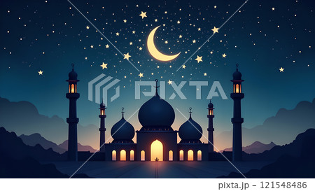 Ramadan Kareem Greeting with Mosque in Moonlit Night Ramadan Kareem Greeting with Mosque in Moonlit Night 121548486