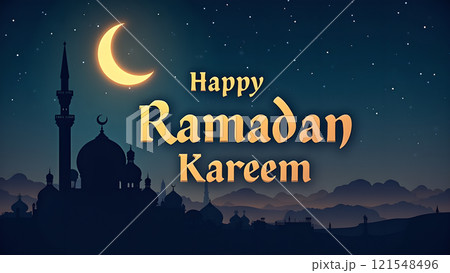 Ramadan Kareem Greeting with Mosque in Moonlit Night 121548496
