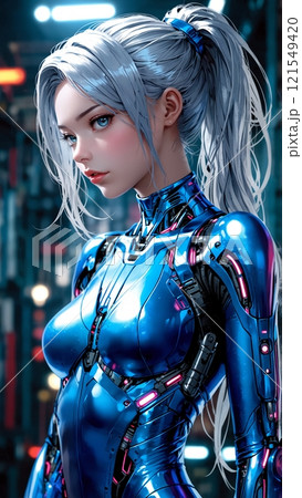 青いサイボーグスーツを着た魅力的な美女 121549420