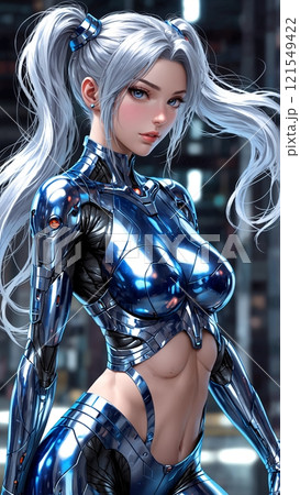 青いサイボーグスーツを着た魅力的な美女 121549422
