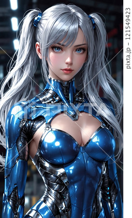 青いサイボーグスーツを着た魅力的な美女 121549423