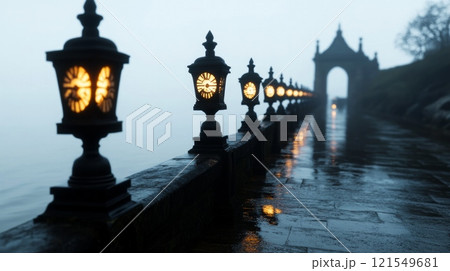 Foggy Path with Lit Street Lamps  121549681