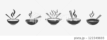 Hot Soup Bowl Icons with Steam, Chopsticks, Wok, Hotpot. Soup, Bowls, Chopsticks, Wok, Hotpot Monochrome Vector Illustration. Design Template for Asian Food Logo, Menu. Noodles, Ramen and Soup Designs 121549693
