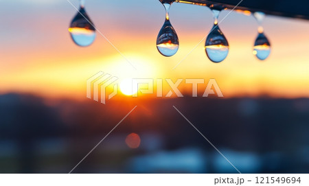 Water Droplets Reflecting Sunset  121549694