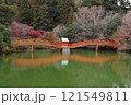 池の水面に映った赤い橋 121549811