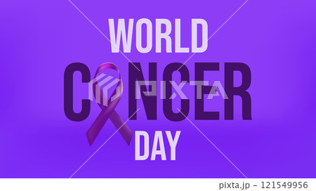 World Cancer Day. February 4th. Raising awareness. Purple ribbon symbol fight against cancer banner. Solidarity and united efforts in fight against cancer. Vector illustration. 121549956