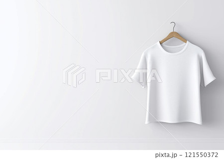Elegant white t-shirt mockup hanging on a wooden hanger against a plain wall 121550372