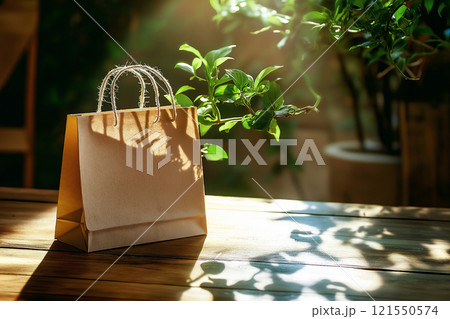 Blank shopping bag on a sunlit counter with greenery in a warm and inviting setting 121550574