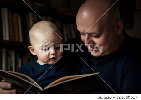 Grandfather shares a magical bedtime story with his young grandson at home. Generative AI 121550617