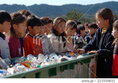 Children engaging in recycling education at an outdoor event in nature. Generative AI Children engaging in recycling education at an outdoor event in nature. Generative AI 121550631