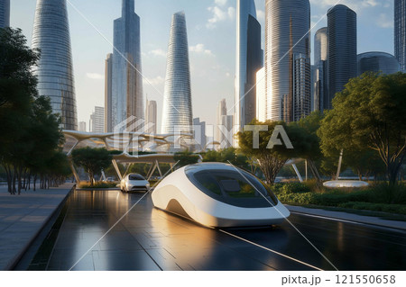 Futuristic city with vertical gardens and renewable energy in a vibrant environment. Generative AI 121550658