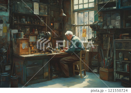 Elderly man collaborates with robot in a workshop repairing devices. Generative AI 121550724