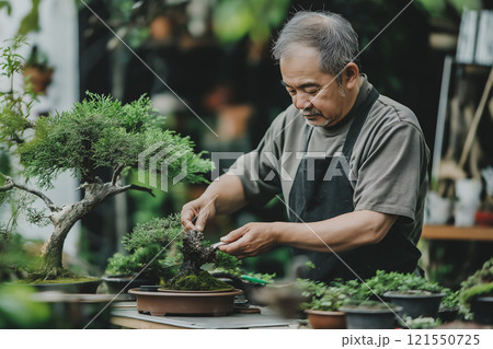 Senior man cultivates bonsai trees in his tranquil garden space. Generative AI 121550725