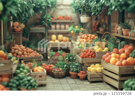 Vibrant farmer's market with eco-friendly stalls showcasing fresh produce. Generative AI 121550726
