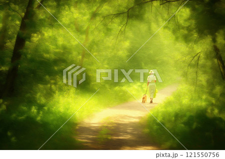Elderly woman enjoys a peaceful walk with her dog on a leafy nature trail. Generative AI 121550756