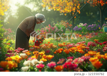 Elderly woman tending to a vibrant flower garden during a sunny afternoon. Generative AI 121550782