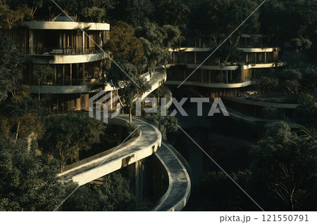 Eco-resort in lush forests, powered by renewable energy and enhanced by generative AI 121550791