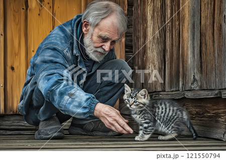 Elderly man interacting joyfully with a playful kitten on rustic wooden floor. Generative AI 121550794