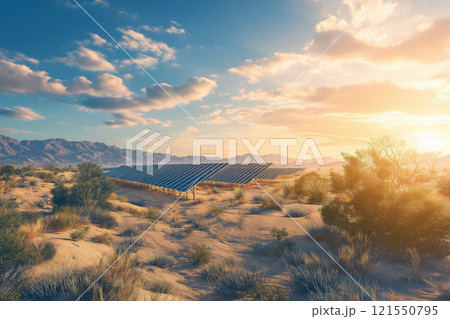 Serene desert landscape featuring solar farm at sunset. Generative AI 121550795
