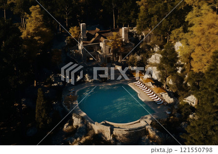 Eco-resort nestled in forests powered by renewable energy offers tranquil retreat. Generative AI 121550798