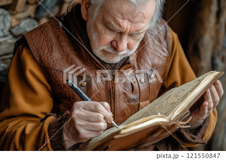 Senior man writes memoirs in a cozy setting with leather-bound journal. Generative AI 121550847