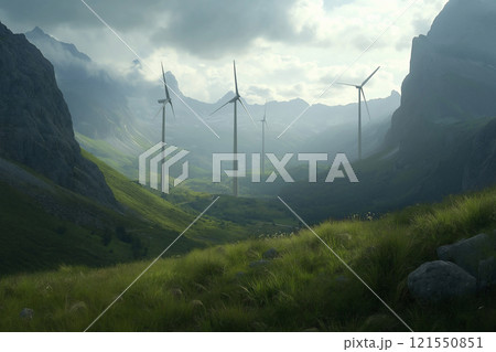 Modern wind farm with towering turbines in a lush green valley landscape. Generative AI 121550851
