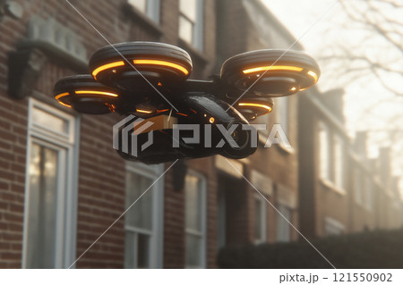 Advanced AI drone delivers parcel to suburban home at dawn. Generative AI 121550902