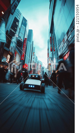 Autonomous delivery robot navigating busy city streets with pedestrians. Generative AI 121550954