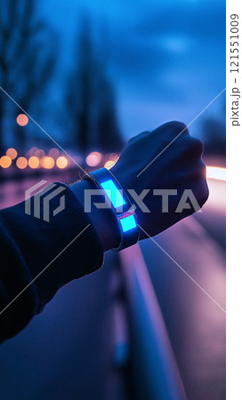 Slim wearable device tracking health metrics glowing on athletic wrist at dusk. Generative AI 121551009