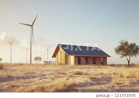 Small community utilizing wind and solar energy in a sustainable environment. Generative AI 121551030