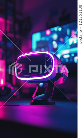 Glowing VR headset in a dark gaming room with vibrant neon lights. Generative AI 121551139