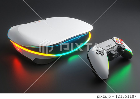 Futuristic gaming console with neon lights and ergonomic controllers. Generative AI Futuristic gaming console with neon lights and ergonomic controllers. Generative AI 121551187