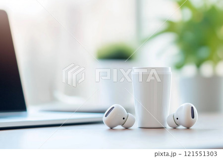 Close-up view of AI earbuds on a modern desk with a tidy workspace and plants. Generative AI Close-up view of AI earbuds on a modern desk with a tidy workspace and plants. Generative AI 121551303