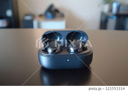 Close-up view of ai-powered earbuds in a tidy modern workspace setup. Generative AI 121551314