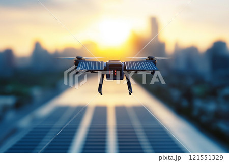 Futuristic drone with solar panels soaring above a sustainable city at sunset. Generative AI 121551329