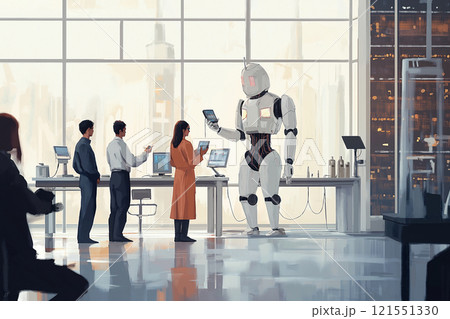 Engineers collaborate in modern lab filled with robots and AI technology. Generative AI 121551330