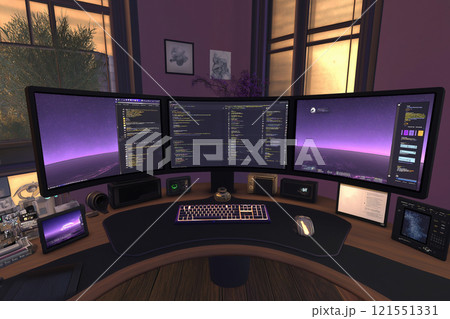 Sleek dual curved monitor desktop setup with glowing keyboard and modern decor. Generative AI 121551331