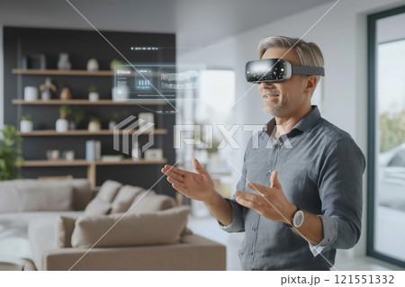 Digital assistant hologram engages user in modern minimalistic room. Generative AI 121551332