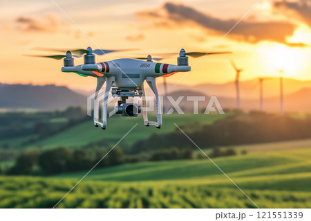 Drone captures renewable energy technology at wind farm during sunset. Generative AI 121551339