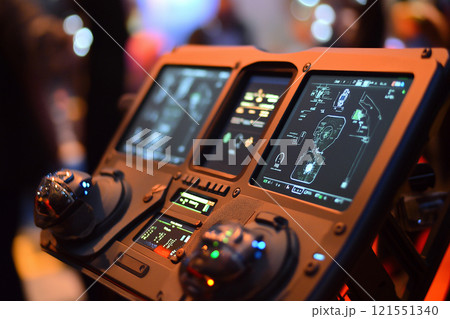 Close-up view of an advanced drone controller with multiple digital displays. Generative AI 121551340