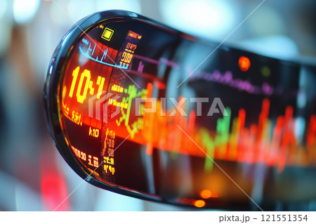 High-tech bracelet showcasing vibrant health metrics in dynamic display. Generative AI 121551354
