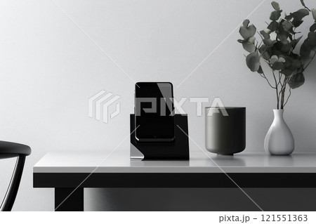 Sleek modular smartphone displayed on a modern stand in a minimalist setting. Generative AI 121551363