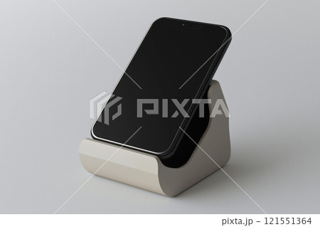 Sleek modular smartphone with detachable components on display stand. Generative AI 121551364