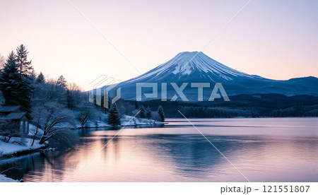 冬の富士山と山中湖（逆さ富士） 121551807