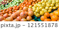 New harvest of citrus fruits and apples on the market 121551878