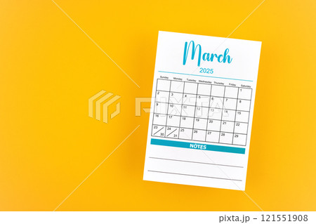 March 2025 calendar page on yellow background. March 2025 calendar page on yellow background. 121551908
