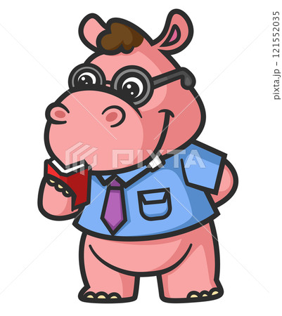 cute hippopotamus standing and reading small book of illustration 121552035