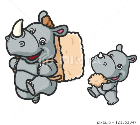 cartoon rhino and baby rhino carrying wheat harvest of illustration 121552047