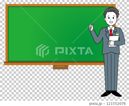 Illustration of a male salesperson serving customers Full-body illustration of a male businessman Speech bubble Headline 121552076